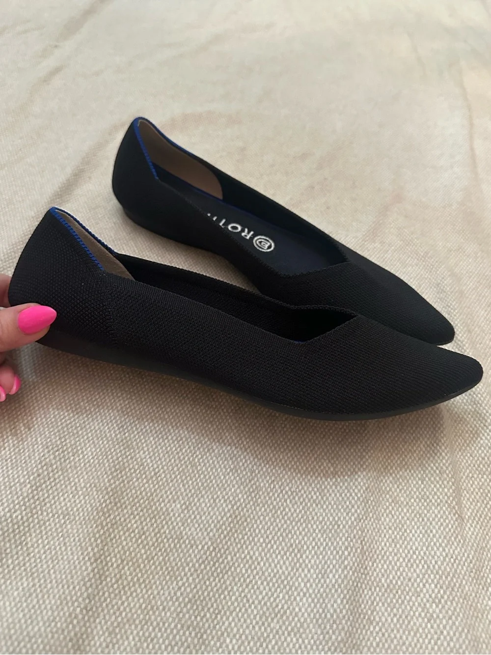 Rothy's Black Pointed Knit Flats with Blue Heel Trim